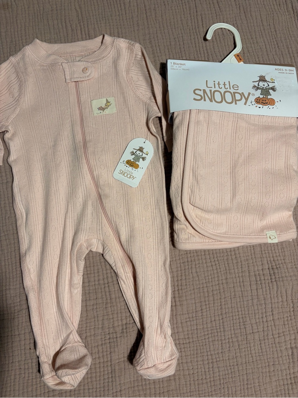 Peanuts Little Snoopy Pink Footed One-Piece with Matching Blanket